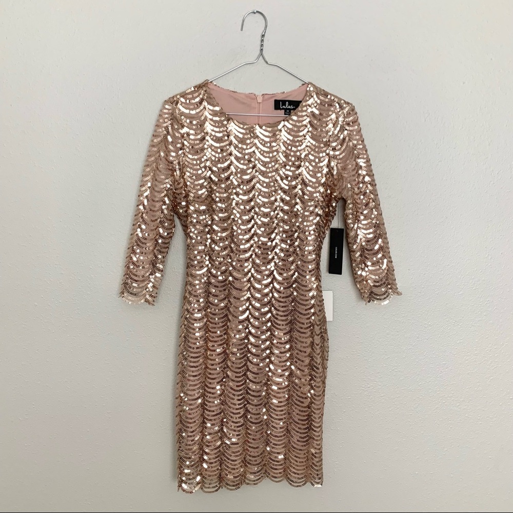 NWT Lulu's Rose Gold Stardust Sequin Bodycon Dress - Picture 3 of 8